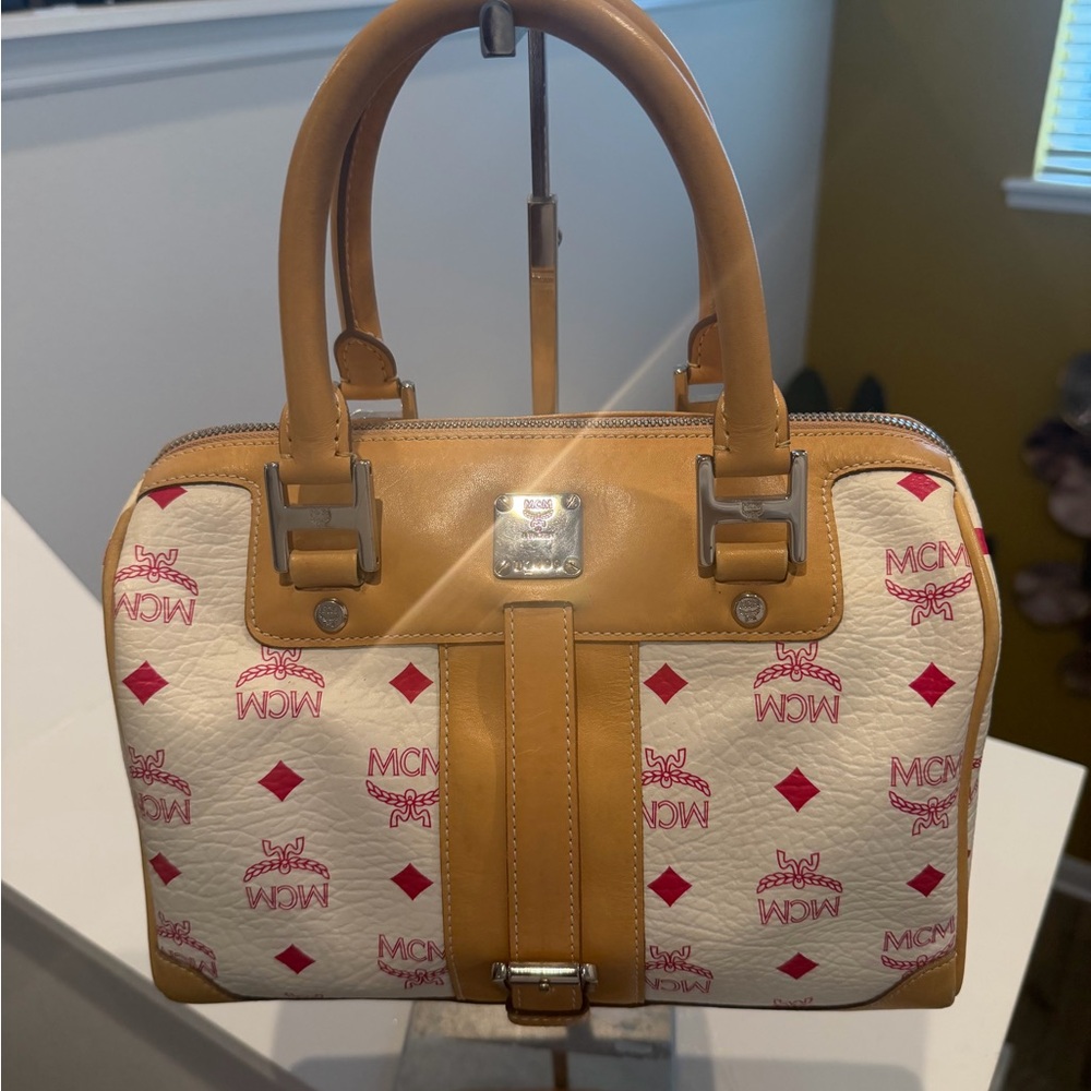 MCM White Satchel with Tan Trim and Pink Logo Pattern